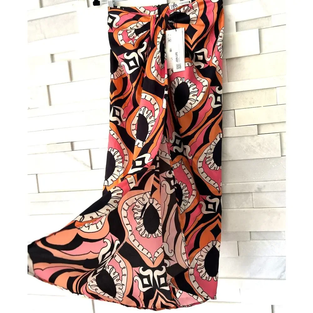 ZARA NWT Matte Satin Tribal Geo Print Pink Brown Faux Wrap Midi Skirt XS
